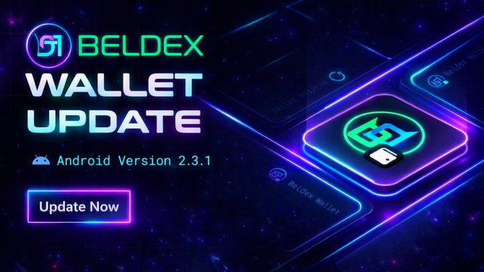 A promotional banner for 'BELDEX WALLET UPDATE' advertising the Android Version 2.3.1 with an 'Update Now' button.