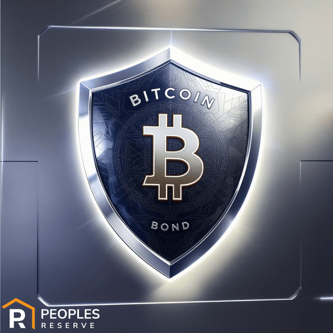 A metallic 3D-rendered shield emblem with the Bitcoin 'B' logo and the text 'BITCOIN BOND' against a chrome background, branded with 'Peoples Reserve' logo in the bottom left corner.