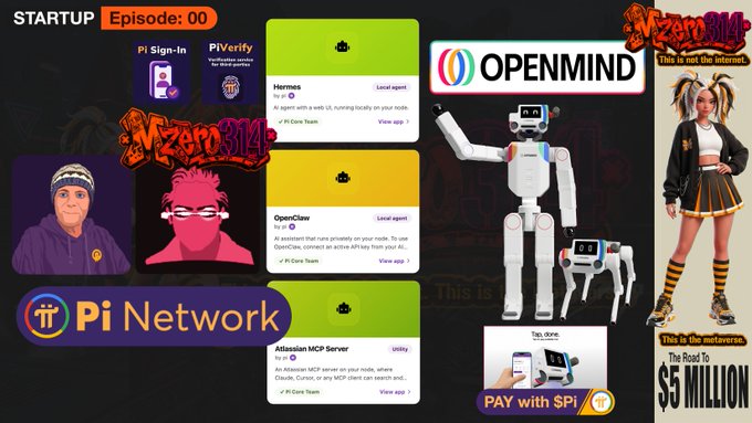 A promotional collage featuring Pi Network, Pi Sign-In, PiVerify, OpenMind, a humanoid robot, and various startup/app logos including 'Hermes' and 'OpenClaw'.