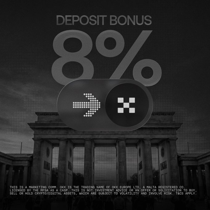A black and white advertisement for OKX crypto exchange showing an 8% deposit bonus, with the Brandenburg Gate in the background and OKX logo in the center.