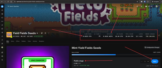 A screenshot of an OpenSea page for 'Yield Fields Seeds' NFT collection showing mint details and a red arrow highlighting the total supply statistics.