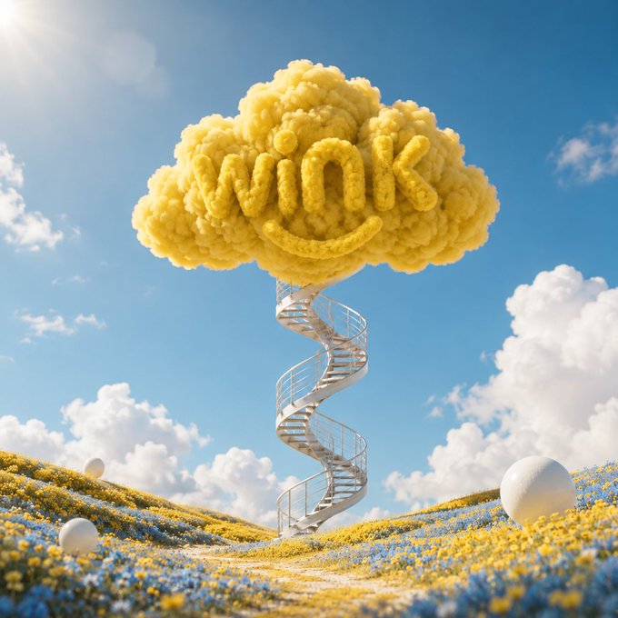 A whimsical spiral staircase ascends from a field of yellow and blue flowers into a fluffy yellow cloud displaying the text "WINk." This dreamlike imagery visually represents the post's message of climbing toward verifiable randomness, with the staircase symbolizing the step up from blind trust to cryptographic proof that WINkLink VRF provides.