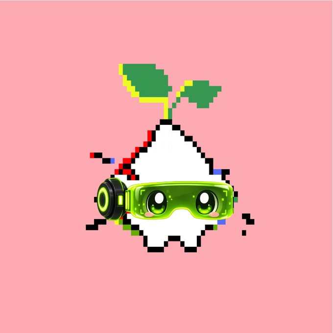 Pixel art of a white ghost-like creature wearing green goggles with a digital face, topped with a green sprout on a pink background.