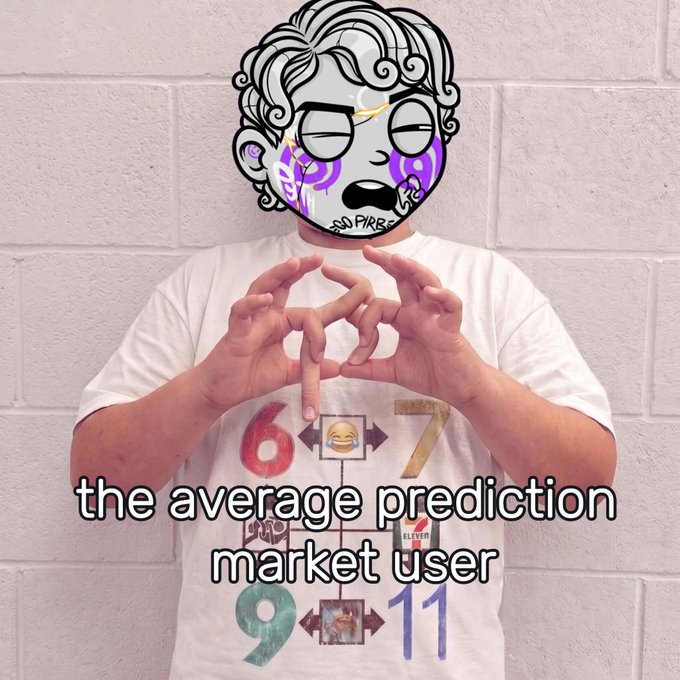 A meme image showing a person whose face is replaced with a cartoon crying character, with text overlay reading 'the average prediction market user' over a white t-shirt featuring numbers and emojis.