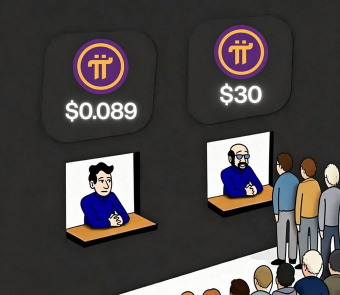An illustration shows two figures on screens facing audiences with Pi cryptocurrency icons above them displaying '$0.089' and '$30', highlighting a significant price difference.
