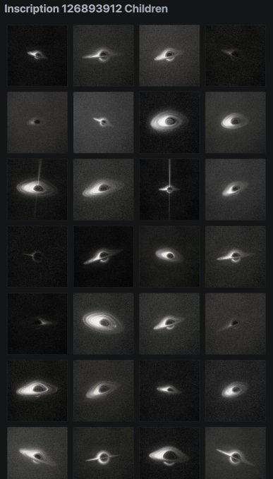 A dark grid titled 'Inscription 126893912 Children' displays 28 grayscale images of celestial bodies, likely black holes, with accretion disks of varying shapes and orientations.