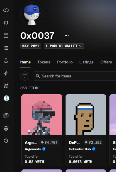 An NFT collection profile page for user '0x0037' from May 2021 shows 368 items, including pixel-art pieces from 'Argonauts' (#4,704, 0.52 WETH top offer) and 'DePunks Club' (#2,152, 0.0073 WETH top offer).