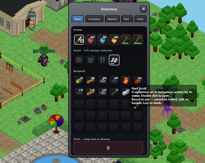A screenshot of an isometric RPG game inventory menu showing items like orbs (443, 492, 206), tools, armor with '1.5% damage reduction', and a 'Hard Scroll' described as a 'mysterious set of instructions written for its owner. Double-click to open. Bound to you — cannot be traded, sold, or banked. Lost on death.'