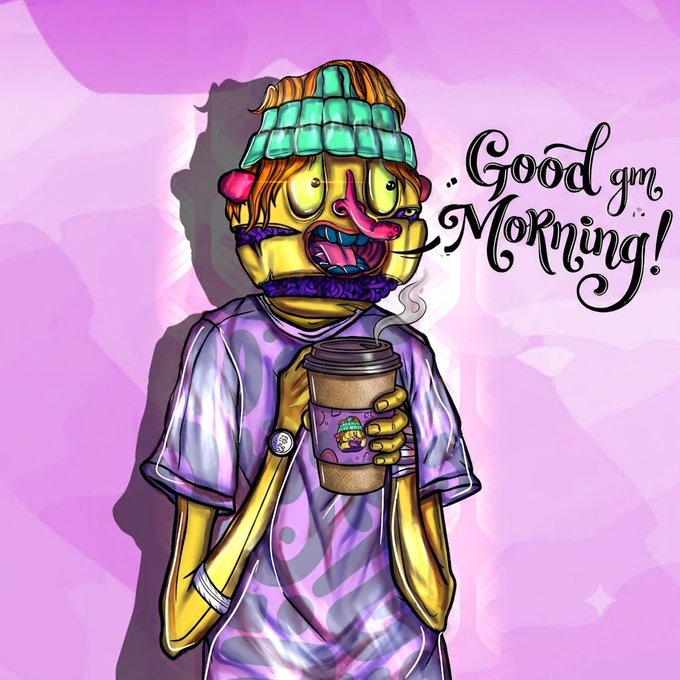 A stylized cartoon character with a stitched smile, beanie, and long tongue holding a coffee cup, with 'Good gm Morning!' text on a pink background.
