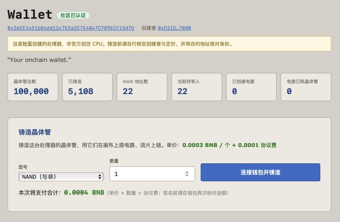 A Chinese-language webpage interface titled 'Wallet' for minting a CPU chip ('铸造晶体管'), showing a creator address '0xD21D-7888' and a price of '0.0003 BNB' per item.