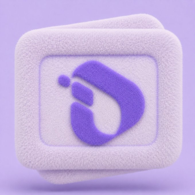 A 3D rendered app icon featuring a stylized purple 'D' or swoosh logo on a textured, soft white rounded square against a light purple background.