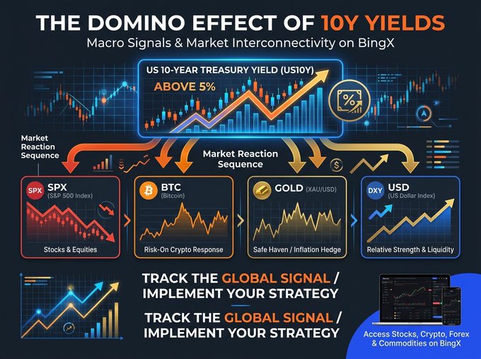 A BingX infographic titled 'THE DOMINO EFFECT OF 10Y YIELDS' illustrating macro market interconnections, showing the US 10-Year Treasury Yield above 5% affecting the SPX, BTC, Gold, and USD markets.