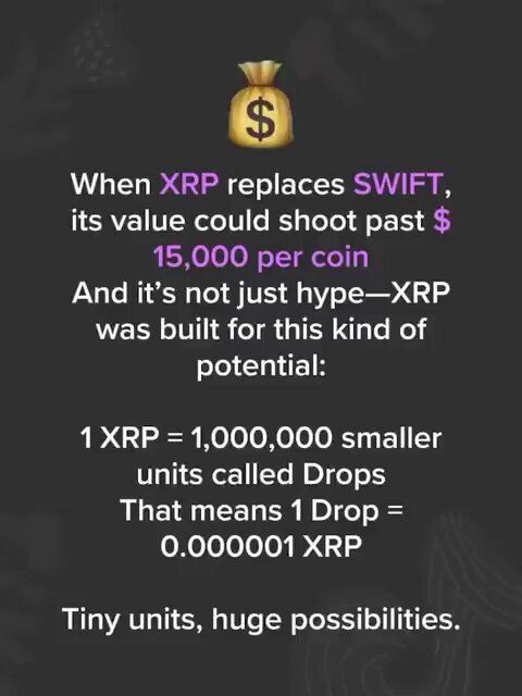 The image shows a purple postcard featuring a yellow dollar bag labeled "XRP" with an arrow pointing to the right, indicating the amount of money inside the bag. The background of the postcard is black, making the colorful design stand out prominently against it. On the same postcard, there's text providing information about XRP replacing SWIFT and the potential value of this coin.