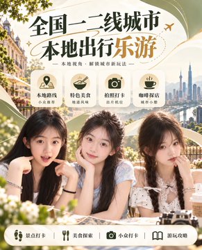 A Chinese travel promotional graphic featuring three young women, with text '全国一二线城市本地出行乐游' highlighting local travel services across categories like hotels, food, photography, and coffee.