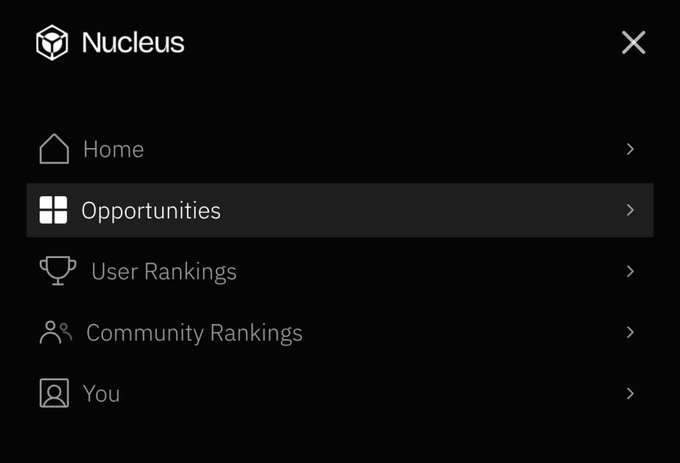 A dark-mode navigation menu for 'Nucleus' with options including Home, Opportunities, User Rankings, Community Rankings, and You.
