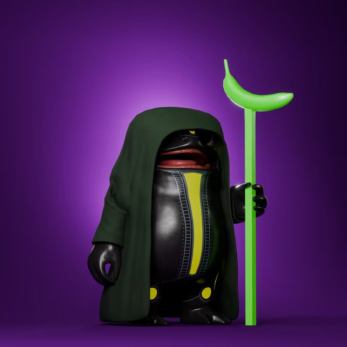 A 3D-rendered character in a dark hooded robe holding a green staff, standing against a purple background.