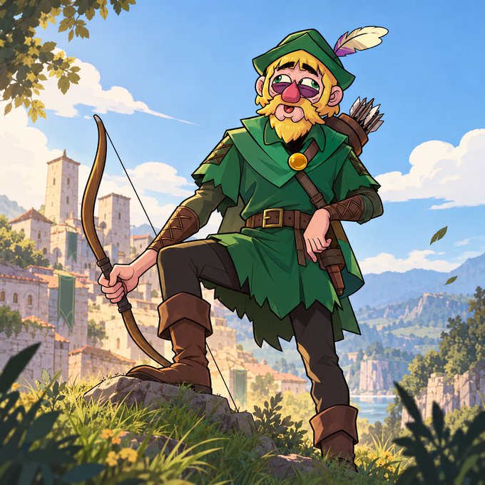 A cartoon Robin Hood-like character in green attire with a feathered hat stands triumphantly on a rocky outcrop, holding a bow with a quiver of arrows strapped to his back, set against a backdrop of medieval towers and rolling hills. The image evokes the "up only" growth and adventurous spirit of the $RPG token launch, symbolizing strength, ambition, and conquering new milestones as the community surpassed 1,000 holders in just three hours.