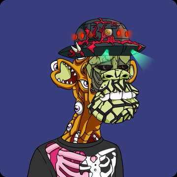 A cartoon zombie-like ape with glowing red eyes, a baseball cap, and a glowing green headlamp displays an exposed ribcage and menacing grin. The artwork represents an NFT profile picture associated with the Bored Ape Yacht Club, celebrating a new community member's acquisition of their first ape NFT.