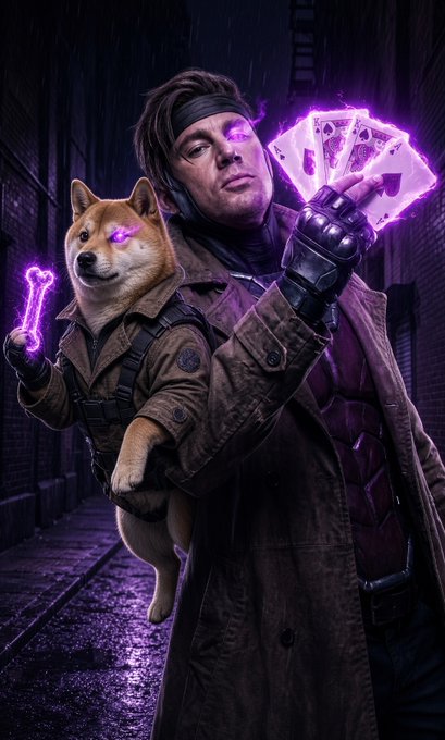 A man with glowing purple eyes holds glowing purple playing cards while a Shiba Inu dog, also with a glowing purple eye, sits in a tactical backpack harness in a rainy alleyway.