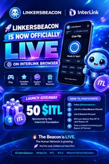 Promotional graphic for "LinkerBeacon" now live on Interlink with LinkerBeacon (LBC) listed at 50 SITL on Pi DEX Launchpool via Pi Mainnet Trading Bot, featuring a blue mascot character.