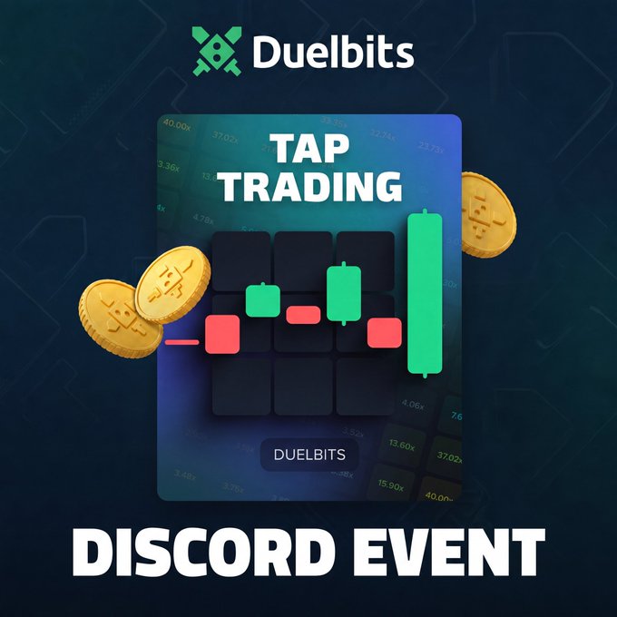 Promotional graphic for Duelbits' "Tap Trading" Discord event, featuring a stylized trading card with candlestick chart and Bitcoin coins against a dark blue background, advertising a $170 prize pool competition.