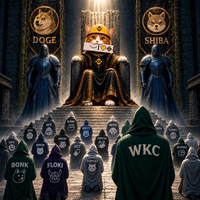 The image depicts a cat in royal robes seated on a throne as a "King of Cats," flanked by banners labeled "DOGE" and "SHIBA," with armored guardians and hooded figures wearing memecoin names like "BONK," "FLOKI," "WIF," "POPCAT," and "$WKC" kneeling before it, symbolizing $BNBCAT's potential reign as the next dominant memecoin among its peers.