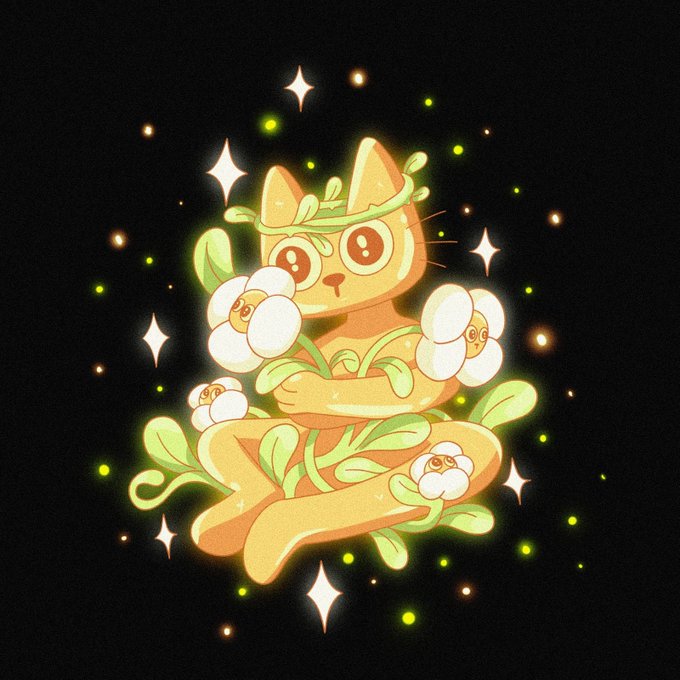 A whimsical illustration of an orange cat-like figure with big eyes, surrounded by white flowers and green vines, set against a dark background with glowing sparkles.