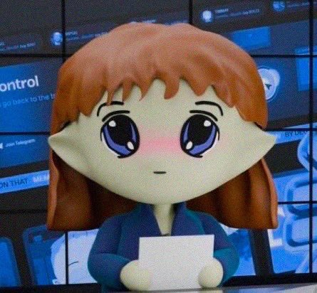 An animated character with orange hair, large anime-style eyes, and a blue top, standing in front of a wall of screens displaying 'Telegram' and 'control' text.