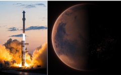 A side-by-side image showing a SpaceX Starship rocket launching with massive flames and smoke on the left, and a view of Mars in space on the right.