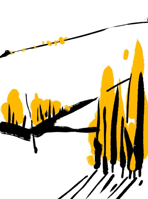 An abstract ink illustration in black and yellow depicting what appears to be trees or figures with bold brushstrokes.