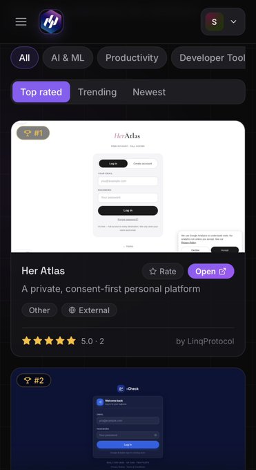 The image shows the linqHub interface displaying a list of apps, with "Her Atlas" by LinqProtocol ranked #1 with a 5.0 rating, described as "A private, consent-first personal platform." The screenshot directly illustrates the post's description of linqHub v2.0 as a central hub for exploring community-built apps, showcasing the Explore section's app directory functionality.
