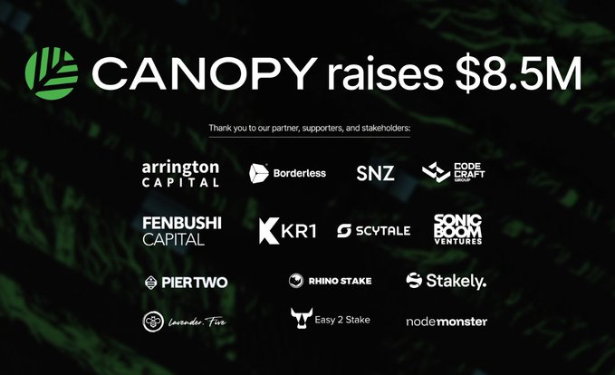 Announcement graphic reading 'CANOPY raises $8.5M' thanking partners, with logos including Arrington Capital, Borderless, SNZ, Code Green, Fenbushi Capital, KR1, Scytale, Sonic Boom Ventures, Piertwo, Rhinostake, Stakely, Lavender.Five, Easy 2 Stake, and nodemonster.