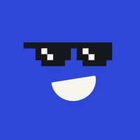 A minimalist pixel art face on a blue background, wearing black sunglasses and a simple white smile.