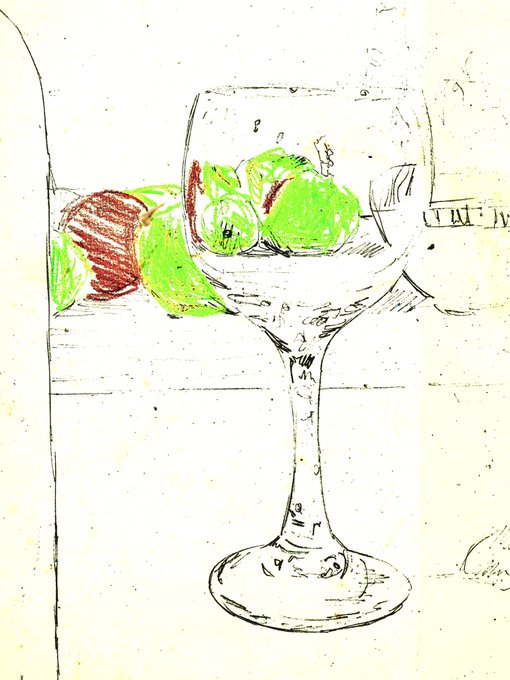 A digital or sketched drawing of a wine glass containing green apples, with a red apple visible behind it, set against a light background.