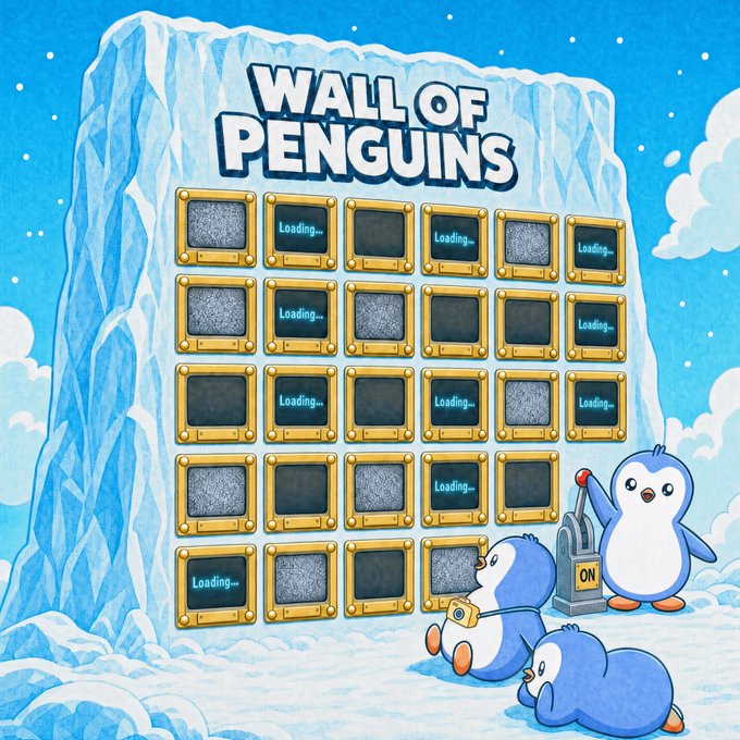 A colorful cartoon-style image titled 'WALL OF PENGUINS' showing cute blue penguins near an icy wall with multiple screens displaying 'Loading...' text.