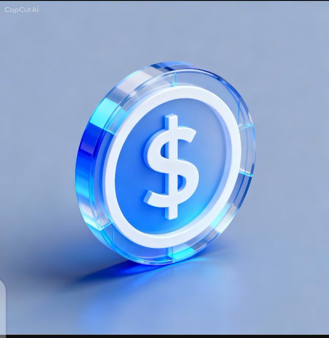 A 3D rendered illustration of a USDC-style cryptocurrency token, featuring a blue and white dollar sign coin on a light blue background, with 'CapCut AI' watermark visible.