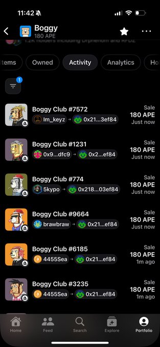A mobile app screenshot of an NFT marketplace showing 'Boggy' collection items (Boggy Club #7572, etc.) for sale at 180 APE each.