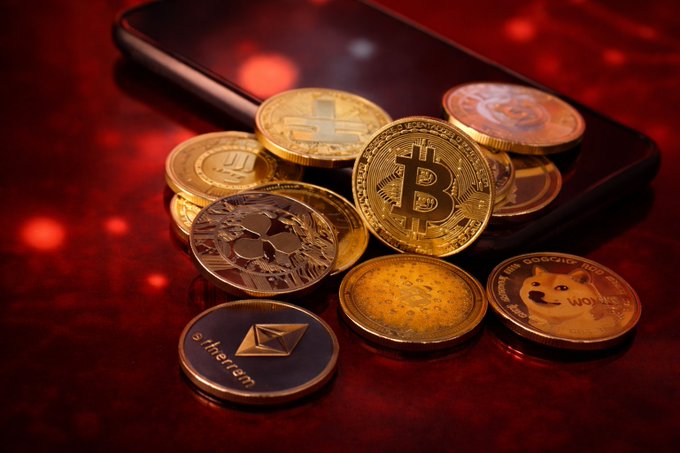 A collection of physical cryptocurrency coins, including Bitcoin, Ethereum, Litecoin, Dogecoin, and others, are piled on top of a smartphone against a red-lit background, symbolizing the digital asset market amid the recent record-breaking eight-week streak of net outflows from US spot Bitcoin ETFs.