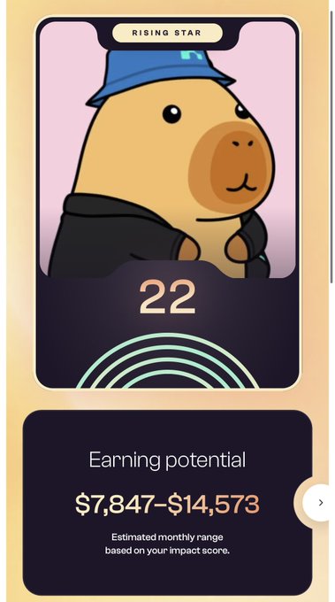 A "Rising Star" profile card shows a capybara character with an impact score of 22 and an earning potential of $7,847–$14,573, highlighting the user's projected earnings range on the InfoFi platform mentioned in the post.