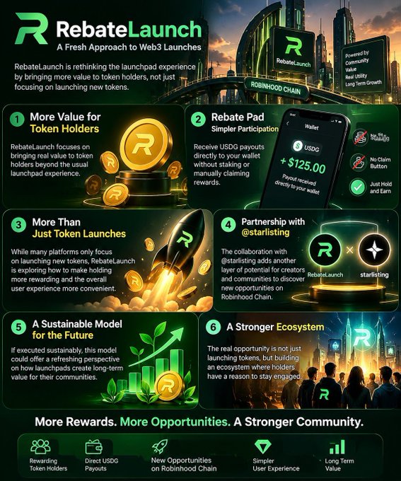A promotional infographic for 'RebateLaunch - A Fresh Approach to Web3 Launches' highlighting 6 features including More Value for Token Holders, Rebate Pad Simpler Participation with USDC +$125.00 payouts, and partnership with @starlisting, powered by Community, Value, Real Utility, and Long Term Growth.