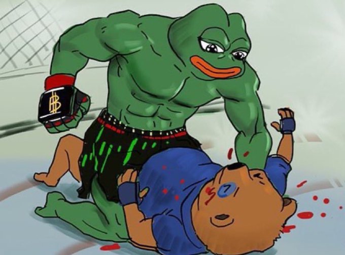 The image depicts a muscular Pepe the Frog in MMA attire, wearing Bitcoin-branded gloves, standing victorious over a bruised and bloodied Dogecoin mascot in a fighting ring—symbolizing the post's message that buying $PEPE will lead to easy victory over competitors.