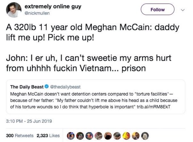 A screenshot of a tweet by "extremely online guy" (@nickmullen) joking about Meghan McCain being too heavy for her father John McCain to lift due to his Vietnam war injuries, referencing a Daily Beast article.