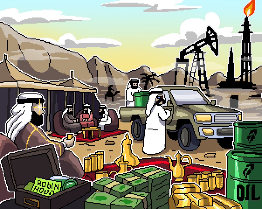 A pixel art illustration depicting a Middle Eastern desert scene with figures in traditional Arab attire sitting on carpets, surrounded by oil barrels, cash stacks, gold, and a 'Robin Hood' chest, with an oil derrick in the background.