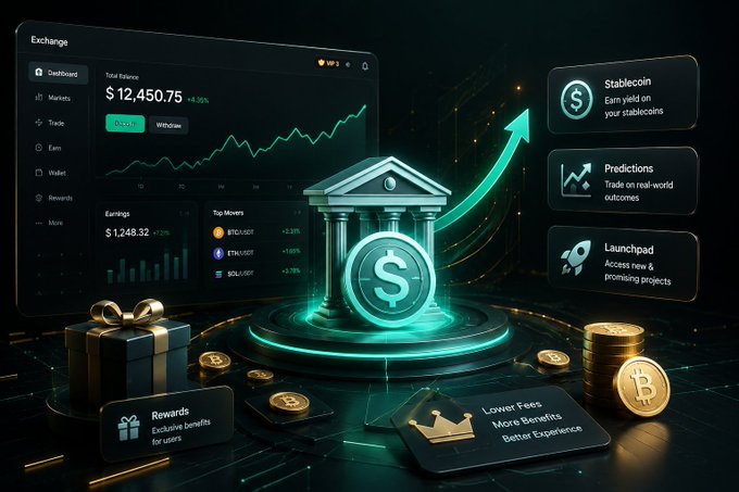 A cryptocurrency exchange promotional graphic showing a $12,450.75 balance, a bank-like crypto vault, and features labeled Stablecoin, Predictions, Launchpad, and Rewards.
