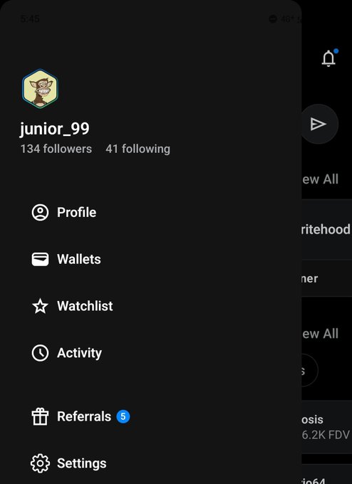 Mobile app profile menu for user 'junior_99' showing 134 followers and 41 following, with navigation options including Profile, Wallets, Watchlist, Activity, Referrals, and Settings.