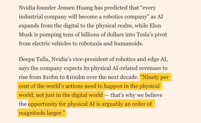 A highlighted excerpt from an article quotes Nvidia VP Deepu Talla predicting that physical AI revenues will grow from $10bn to $100bn over the next decade, noting that 90% of the world's actions occur in the physical world—supporting the post's claim that BlackBerry's ($BB) QNX safety-certified RTOS is poised to benefit as Nvidia and partners drive robotics adoption.
