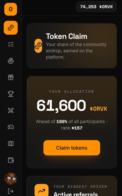 A dark-themed dashboard interface for a token claim platform showing a balance of '74,253 $ORVX', a token allocation of '61,600 $ORVX' ranking #157 ahead of 100% of participants, with an orange 'Claim tokens' button and a left sidebar navigation menu.
