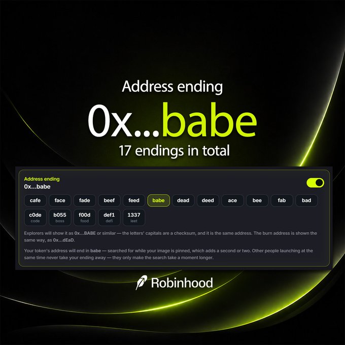 Robinhood promotional graphic for a token 'Address ending 0x...babe' with 17 address endings available, highlighting the 'babe' option.