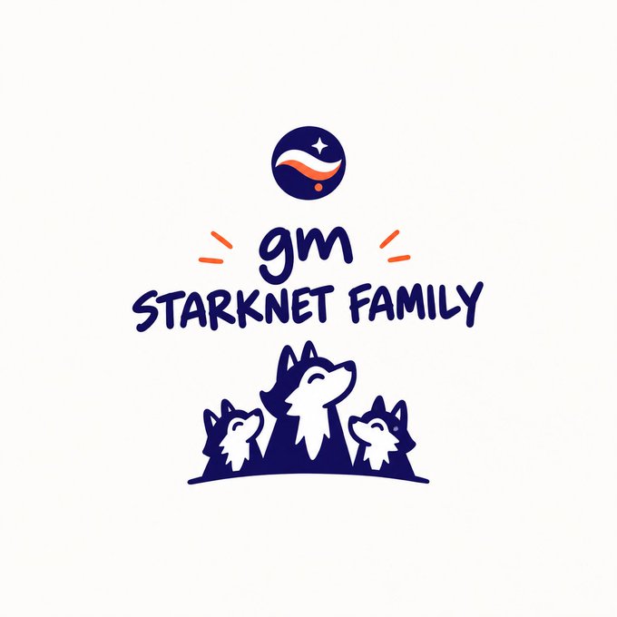 A logo for 'gm STARKNET FAMILY' featuring a circular emblem with a star above three illustrated wolf characters in dark blue and orange.