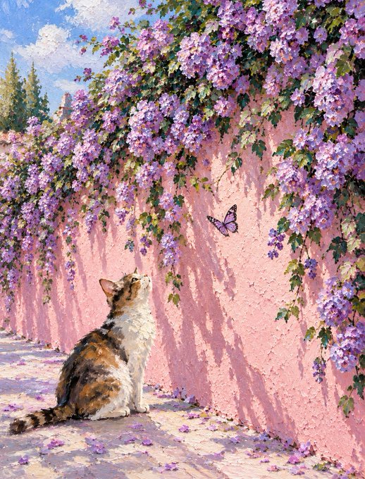 A calico cat sits beside a pink wall draped with cascading purple wisteria blooms, gazing up at a purple butterfly fluttering among the flowers, with soft shadows cast across the pavement.